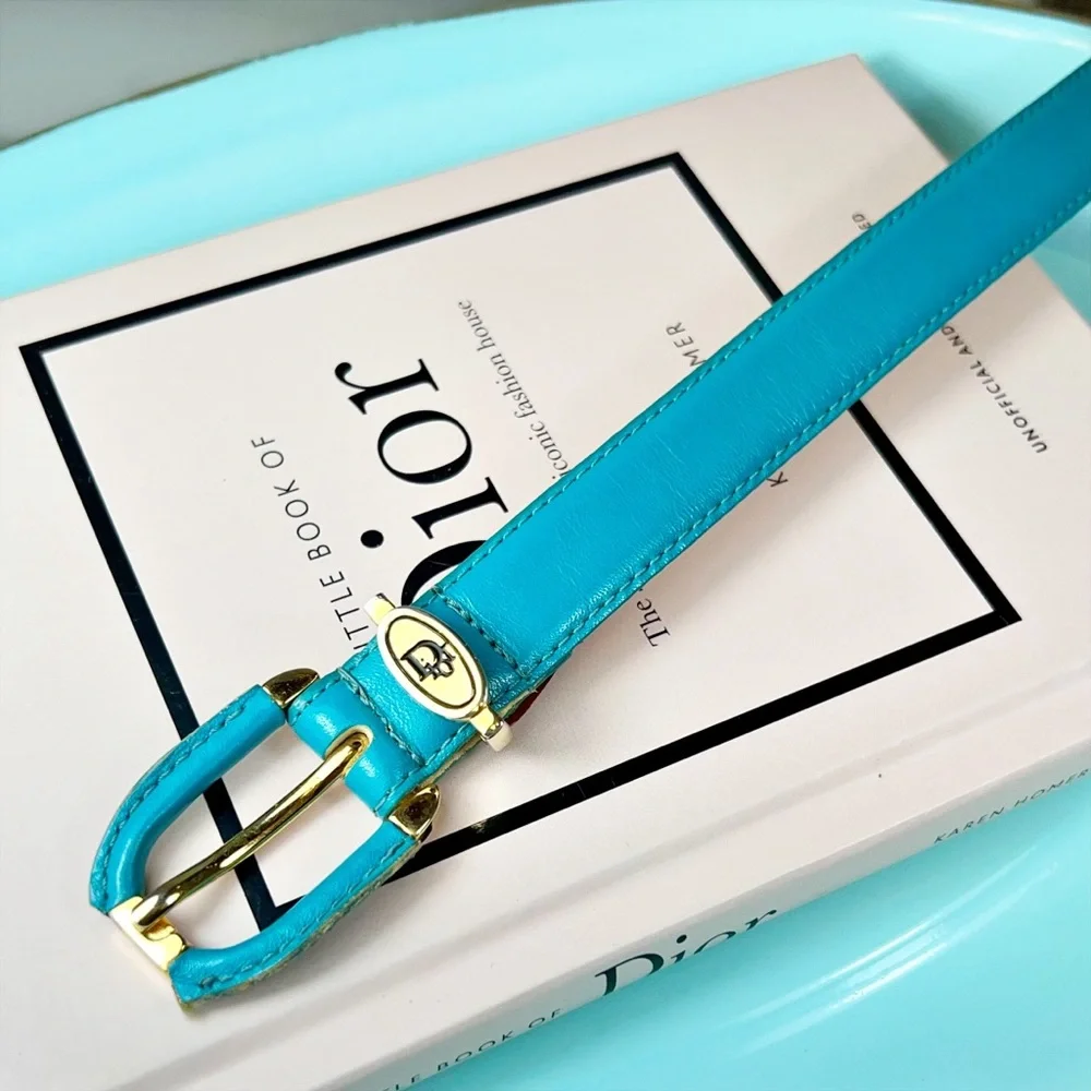 Christian Dior Teal Skinny Leather Vintage Logo Belt
